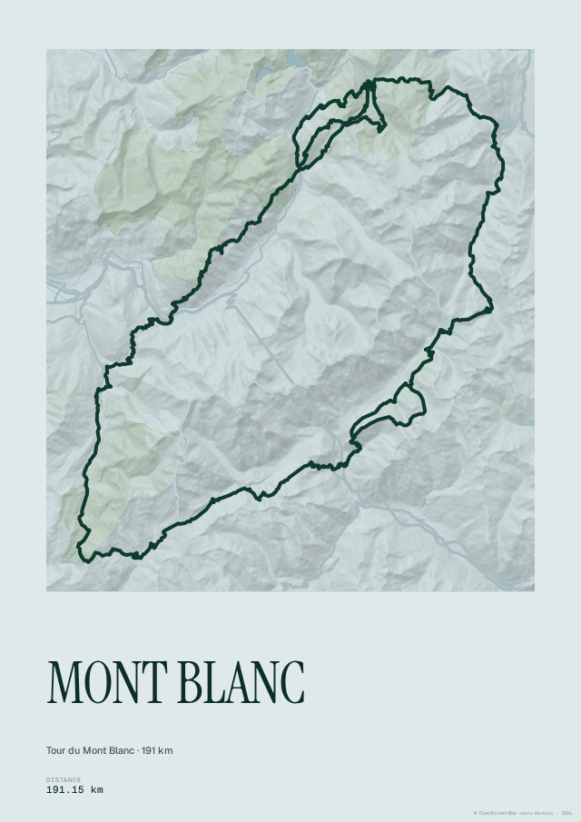 Affiche de randonnée générée depuis une trace GPS — Tour du Mont-Blanc
