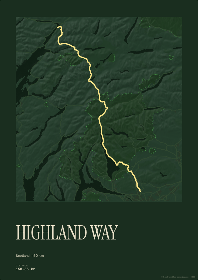 Running poster generated from a GPX file — West Highland Way, Scotland