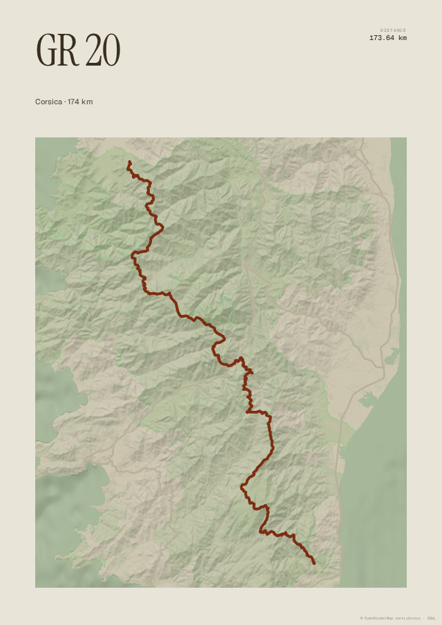 Trail running poster generated from a GPX track — GR 20, Corsica